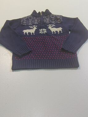 Gymboree Navy Zip-Up Sweater with White Reindeer and Red Dot Pattern